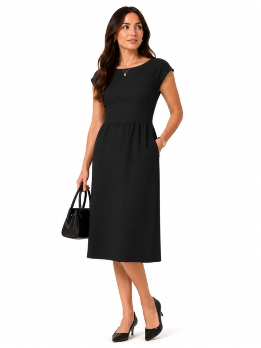 J. CREW Black Jersey Knit Capped Short Sleeve Midi Dress, Midweight, 6